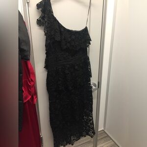 One shoulder black lace dress midi length